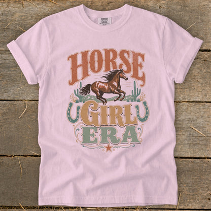 Pink t-shirt with "Horse Girl Era" and a running horse graphic.