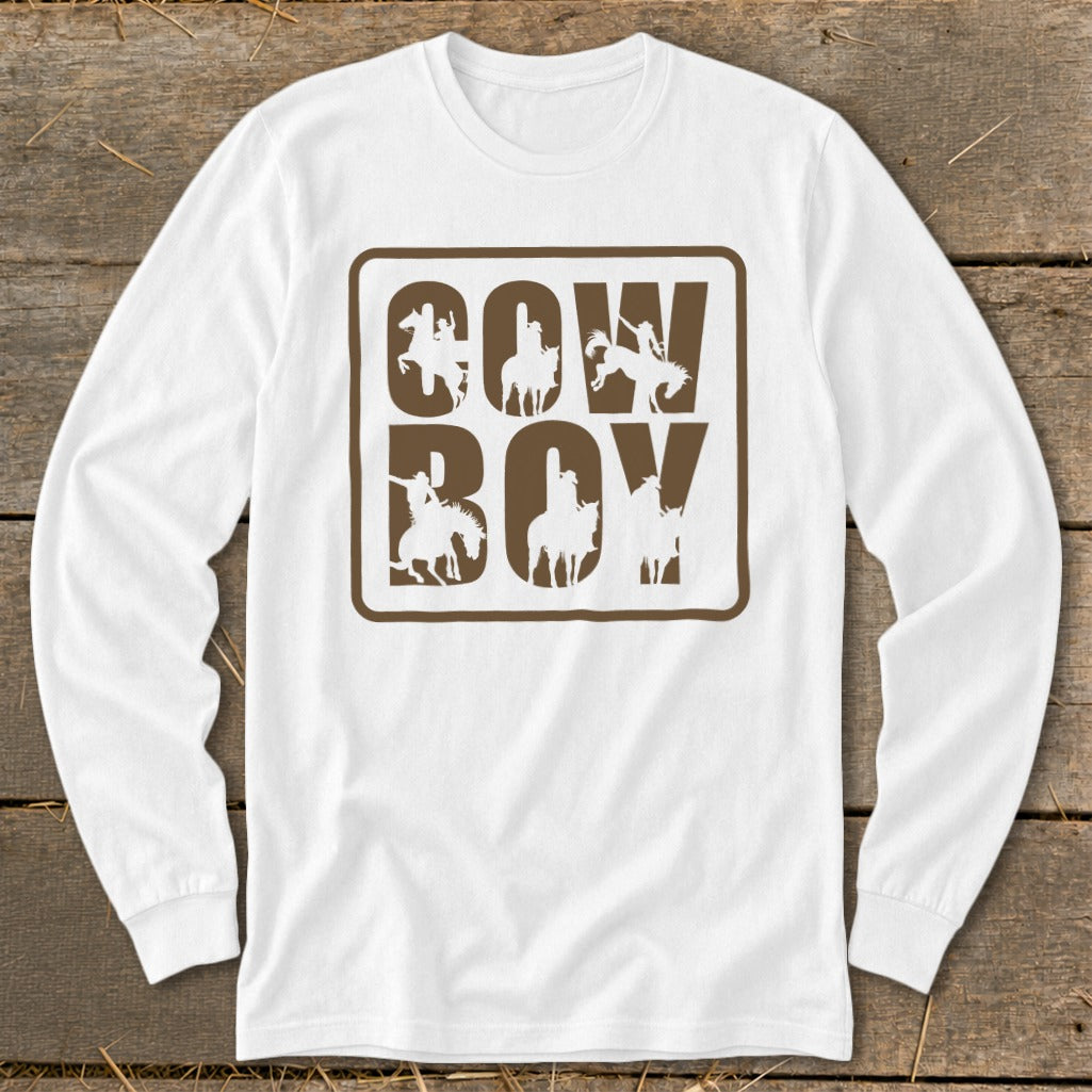 White long-sleeve shirt with "COW BOY" text and cowboy silhouettes in brown.