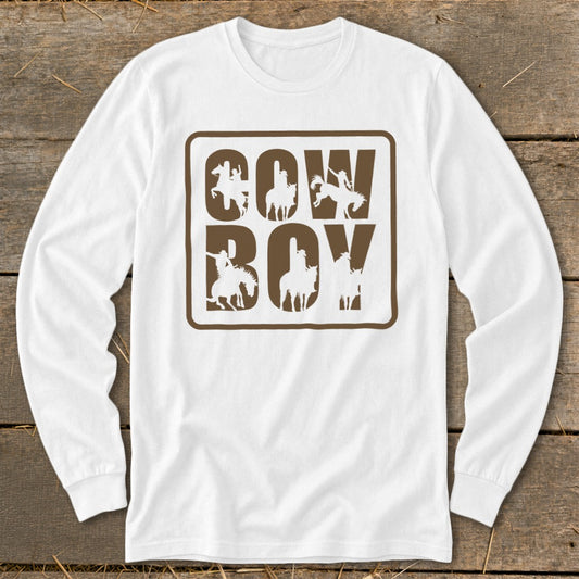 White long-sleeve shirt with "COW BOY" text and cowboy silhouettes in brown.