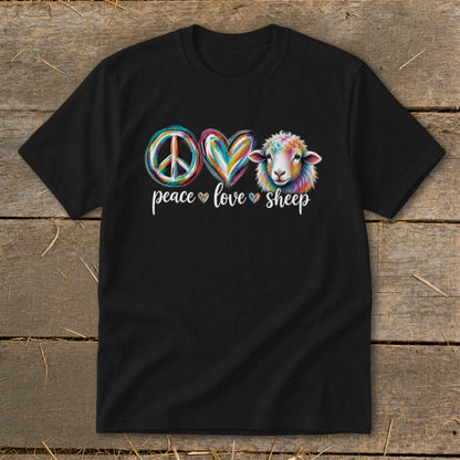 Black t-shirt with watercolor peace sign, heart, and sheep graphic with text peace love sheep.