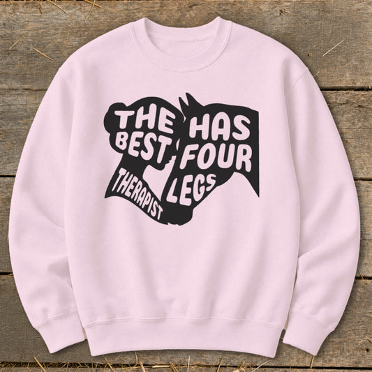Pink sweatshirt with black graphic text: "The best therapist has four legs".