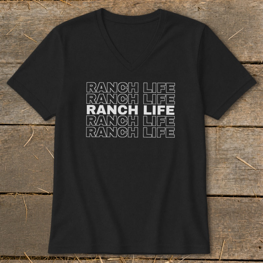 A black V-neck t-shirt features repeated white outlines of the text Ranch Life, with a solid white center line.