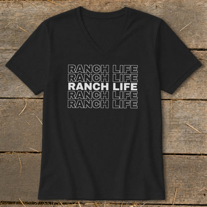 A black V-neck t-shirt features repeated white outlines of the text Ranch Life, with a solid white center line.