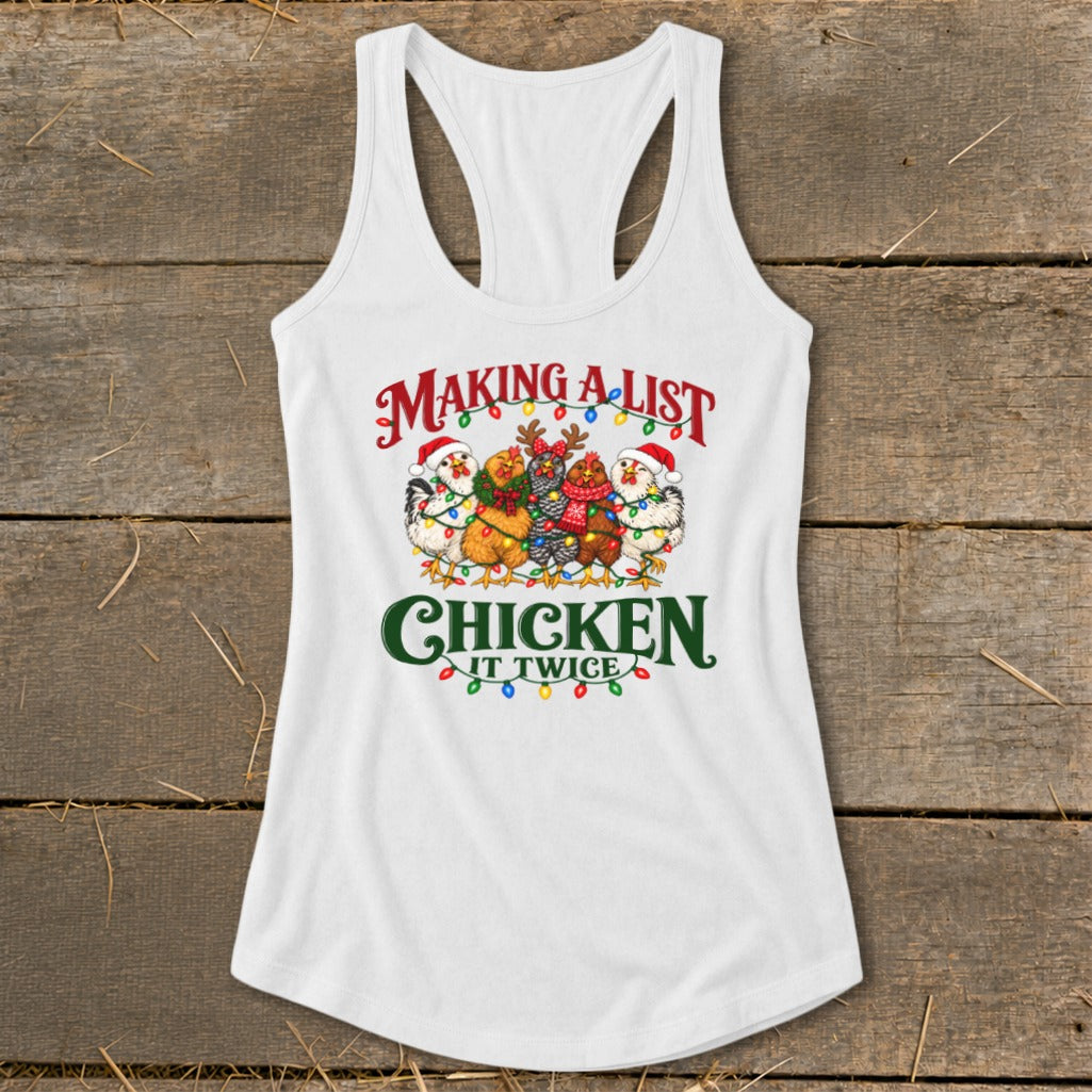 White tank top with chickens making a list, checking it twice.