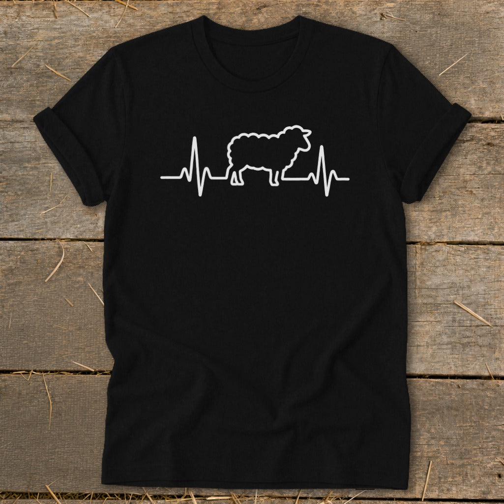 Black short-sleeved t-shirt featuring a white graphic of a sheep integrated into a heartbeat line.