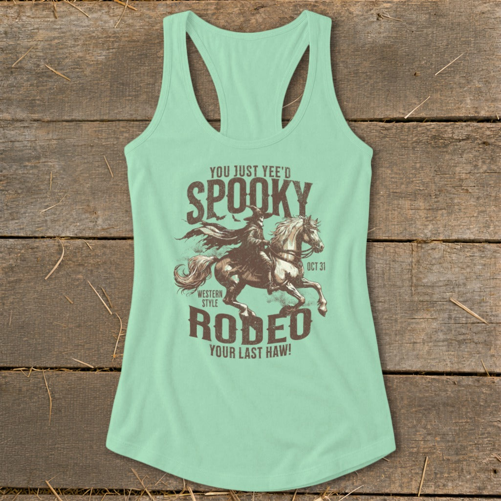 Spooky Western Style Rodeo graphic with text and horse rider on tank top.