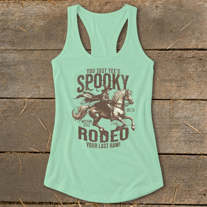Spooky Western Style Rodeo graphic with text and horse rider on tank top.