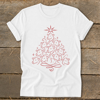 White t-shirt with red line art of a Christmas tree made of cow heads.