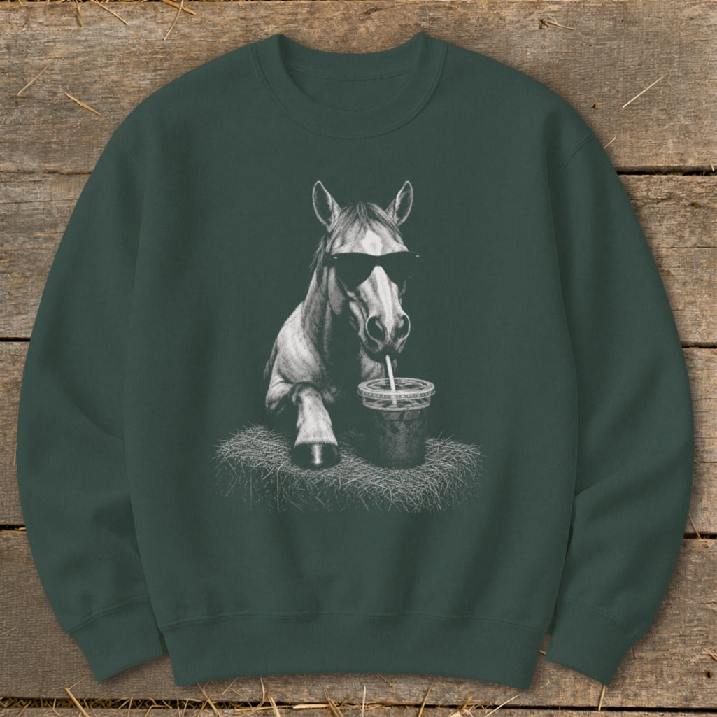 Dark green sweatshirt with a graphic of a horse wearing sunglasses drinking from a cup.