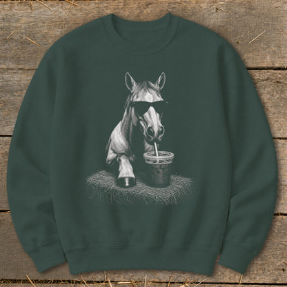 Dark green sweatshirt with a graphic of a horse wearing sunglasses drinking from a cup.