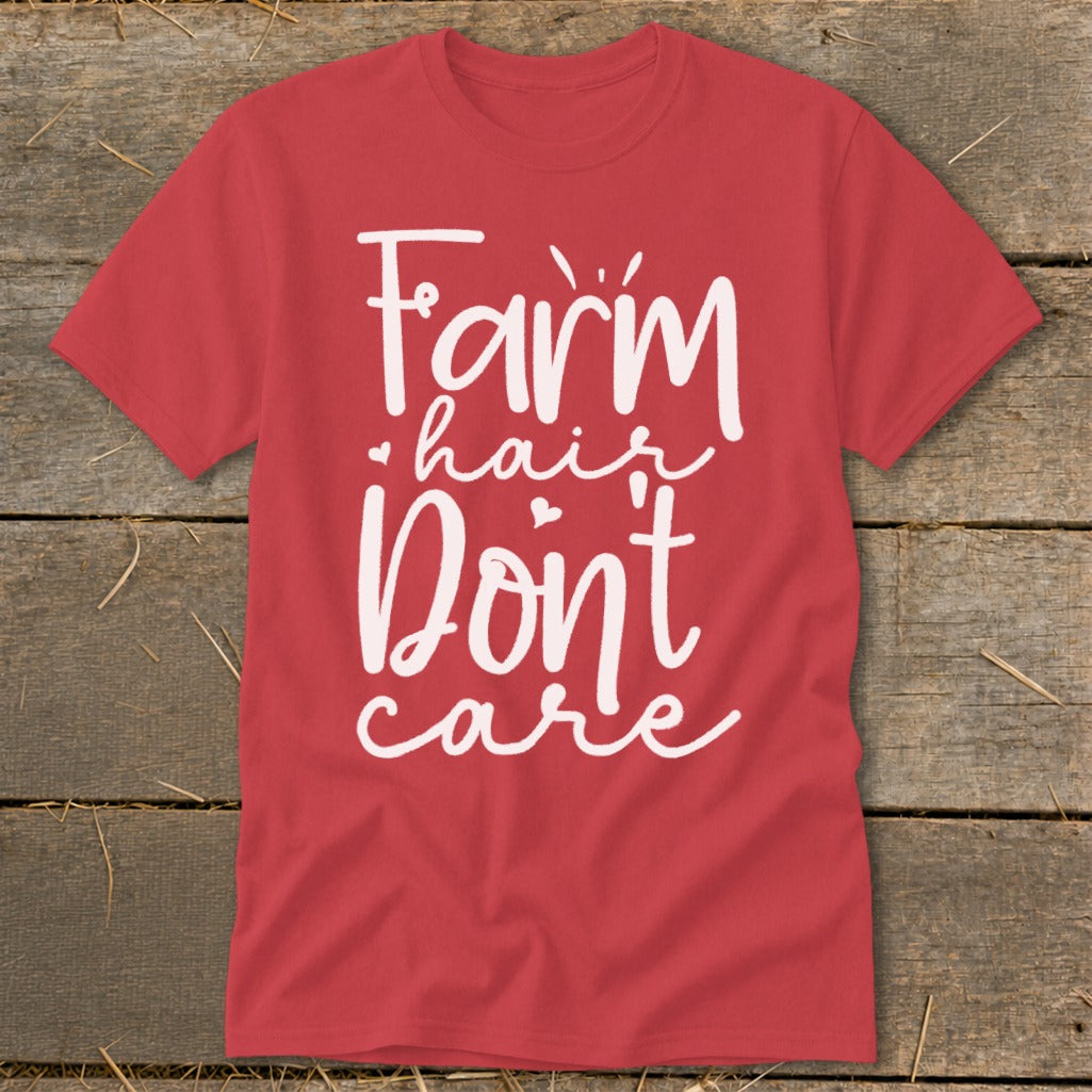 Red t-shirt with white text "Farm hair Don't care"