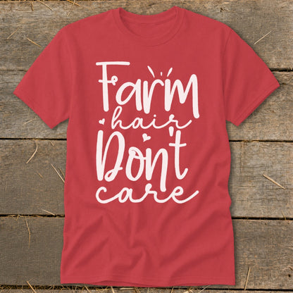 Red t-shirt with white text "Farm hair Don't care"