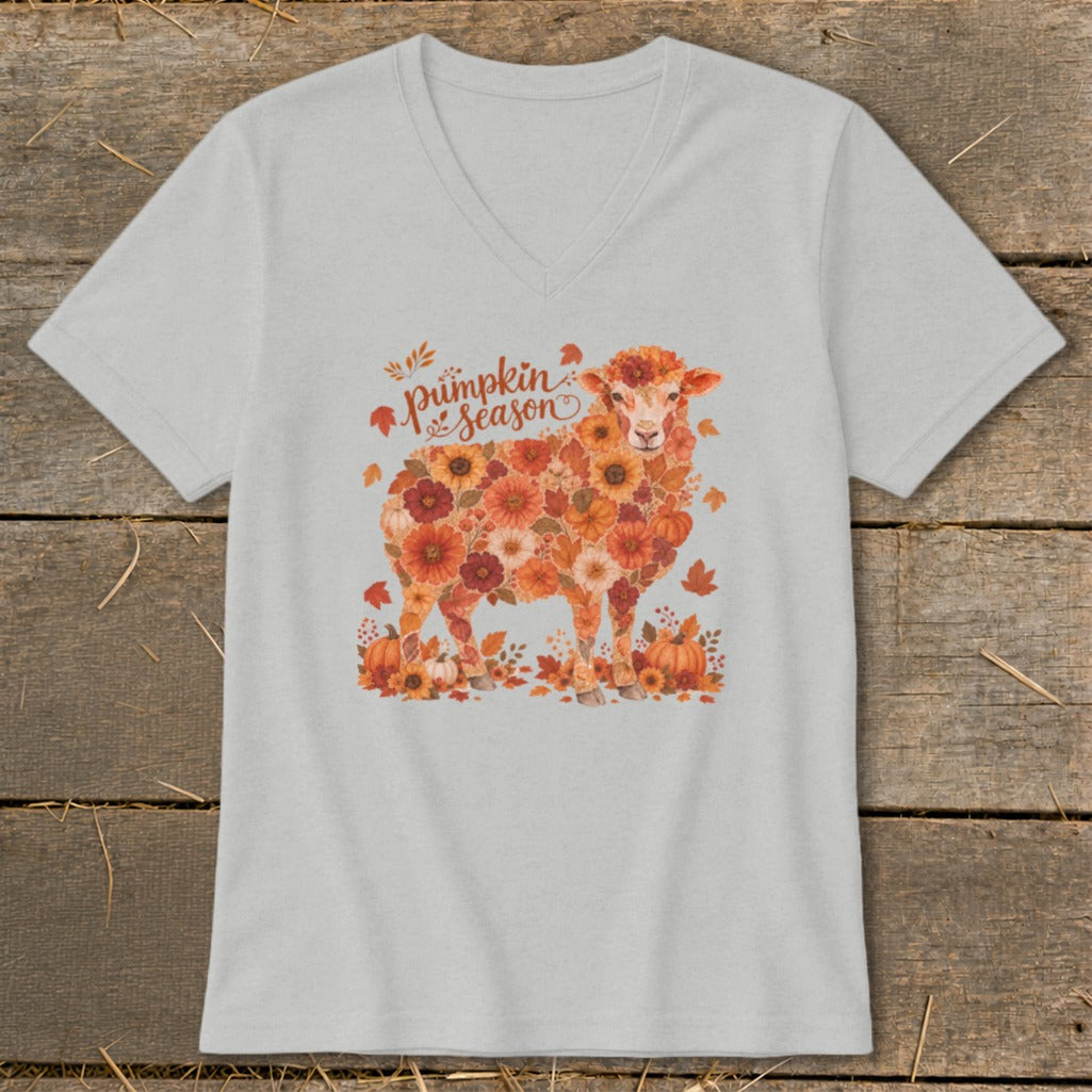 Gray t-shirt with a sheep illustration made of flowers and pumpkins.