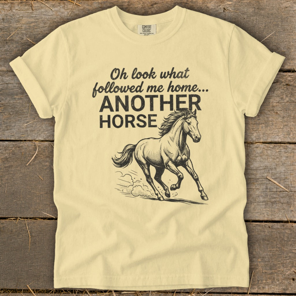 Yellow t-shirt with text "Oh look what followed me home... ANOTHER HORSE" and a horse graphic.