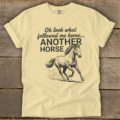 Yellow t-shirt with text "Oh look what followed me home... ANOTHER HORSE" and a horse graphic.