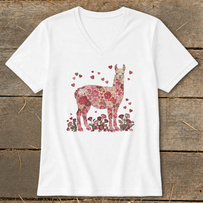 White t-shirt with a floral llama graphic surrounded by hearts and flowers.