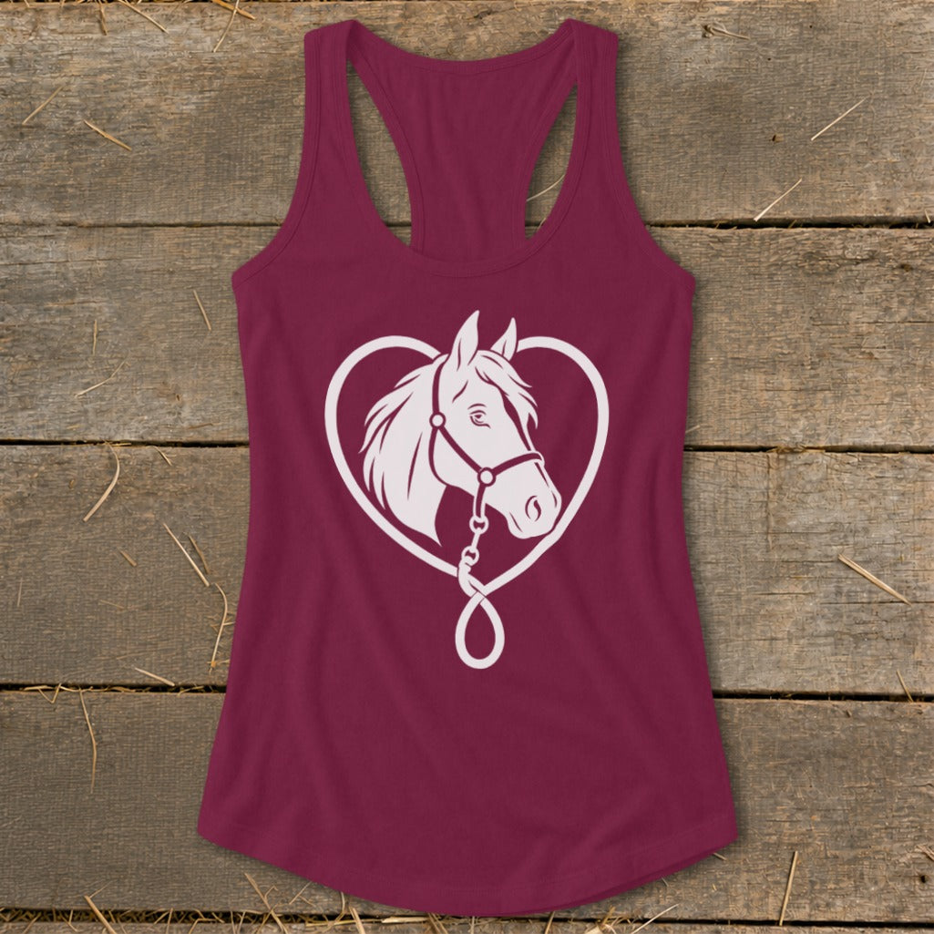 Maroon women's racerback tank top featuring a white horse head graphic inside a heart shape.