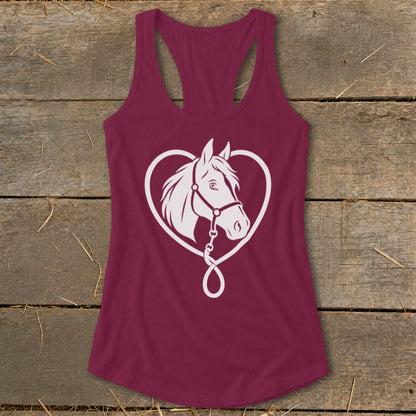 Maroon women's racerback tank top featuring a white horse head graphic inside a heart shape.