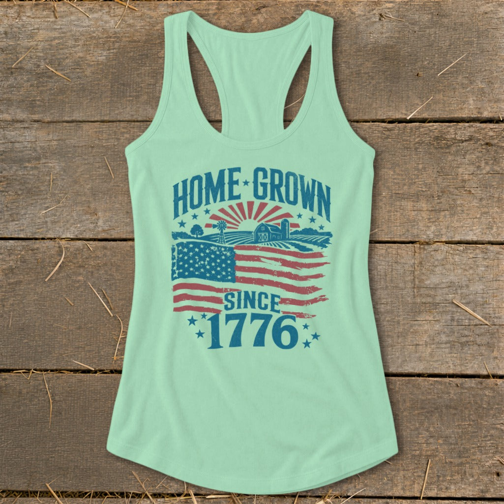 Mint green tank top with "Home Grown Since 1776" text and patriotic farm graphic.