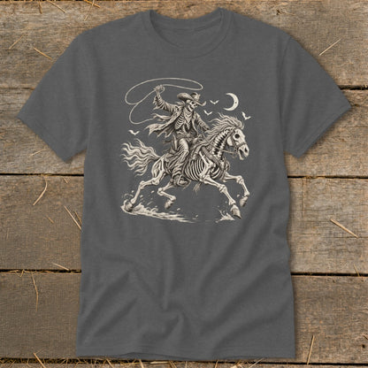Skeleton cowboy riding a horse with a lasso under a crescent moon.