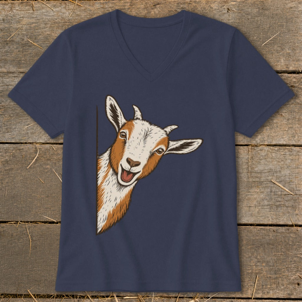 Navy v-neck t-shirt with a smiling goat peeking from the side.