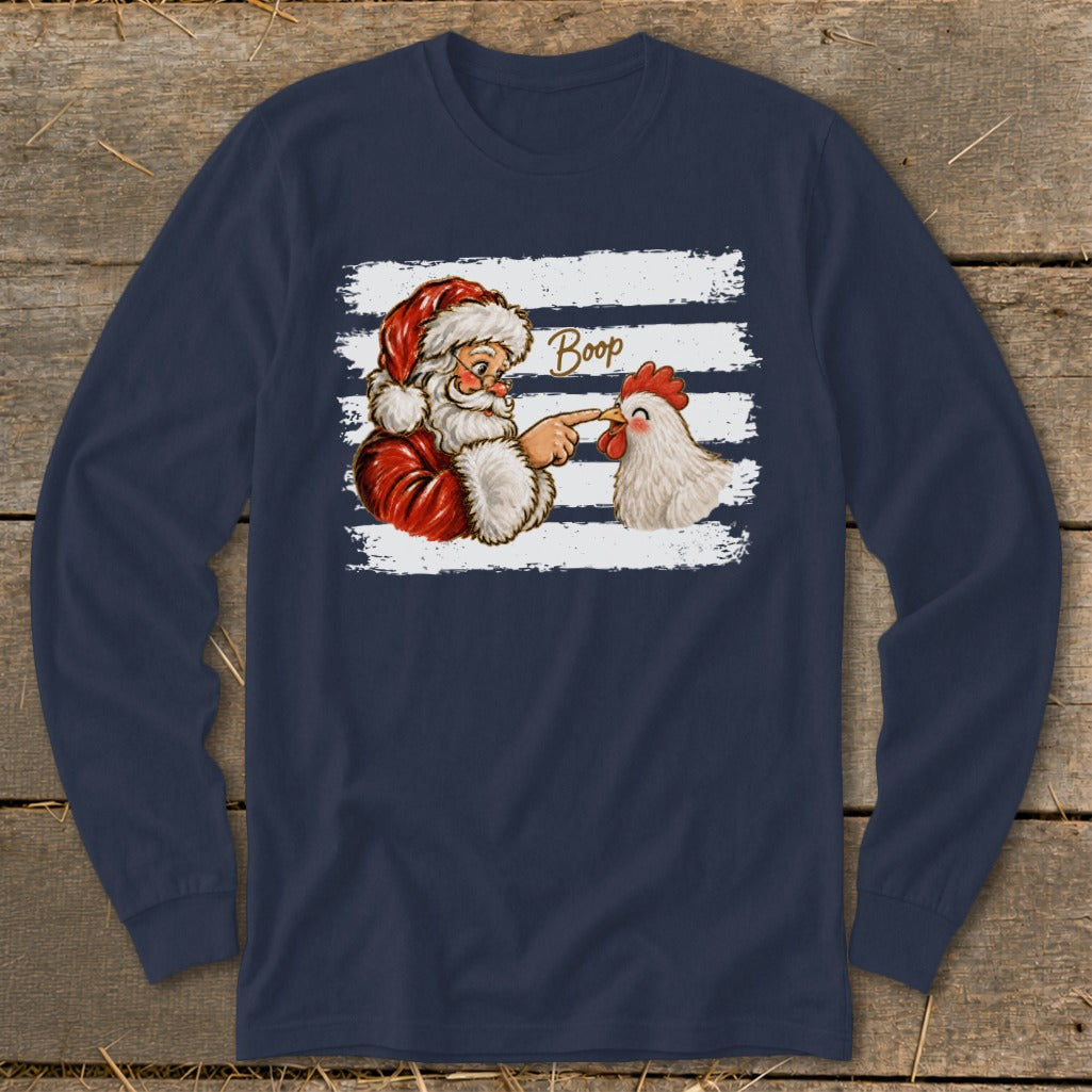 Santa booping a chicken, with "Boop" text, on a navy long-sleeve shirt.