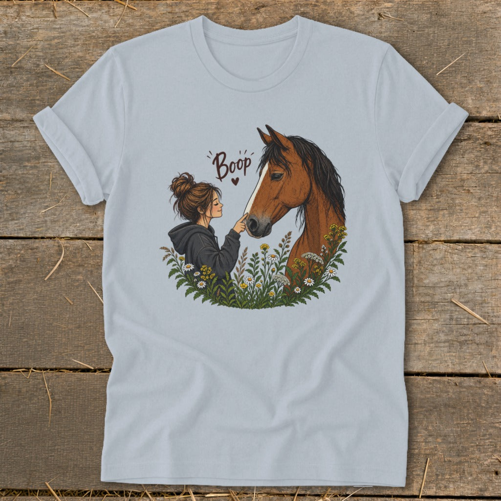 Illustration of girl and horse with "Boop" text.