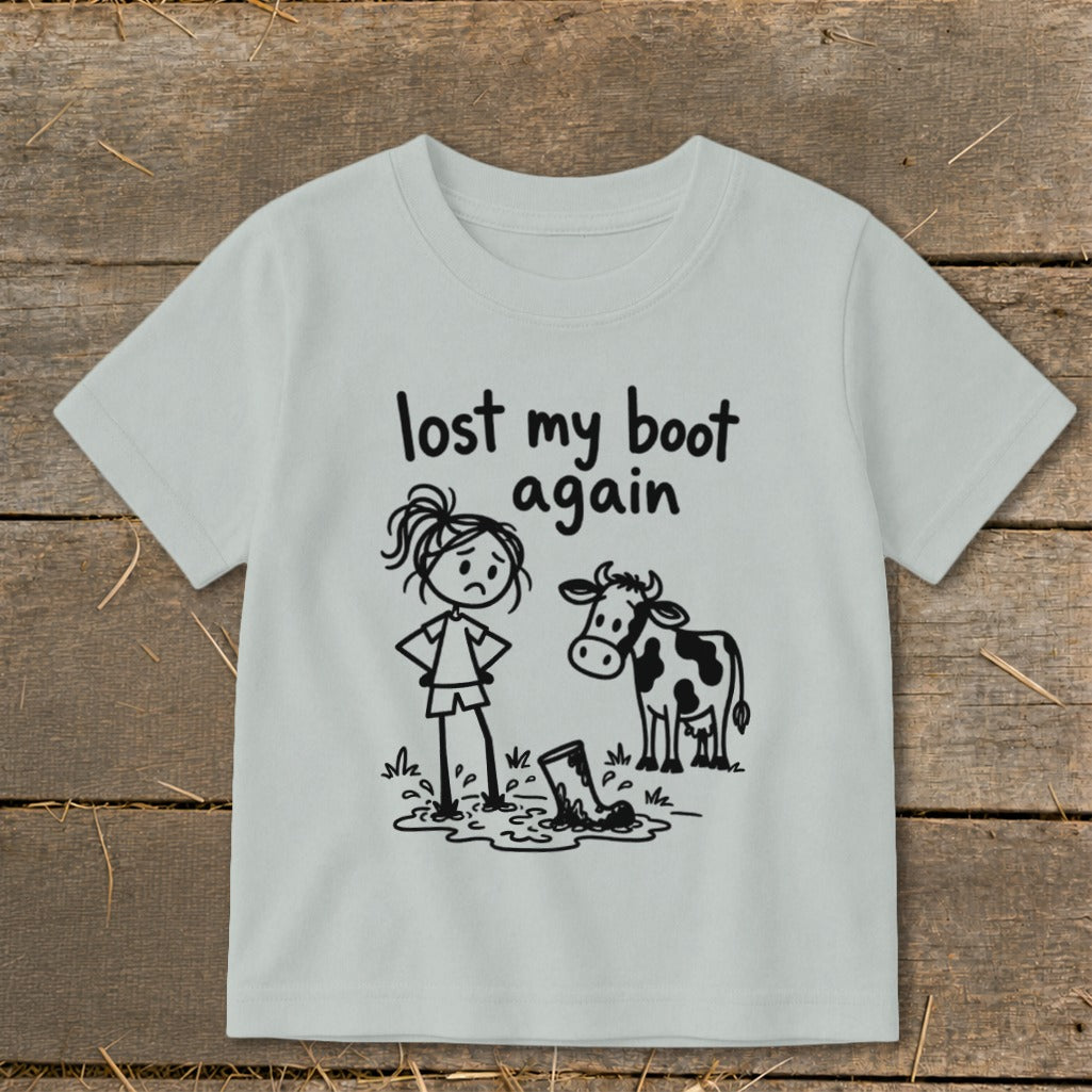 Light gray short-sleeve t-shirt with a humorous stick figure graphic and the text lost my boot again.