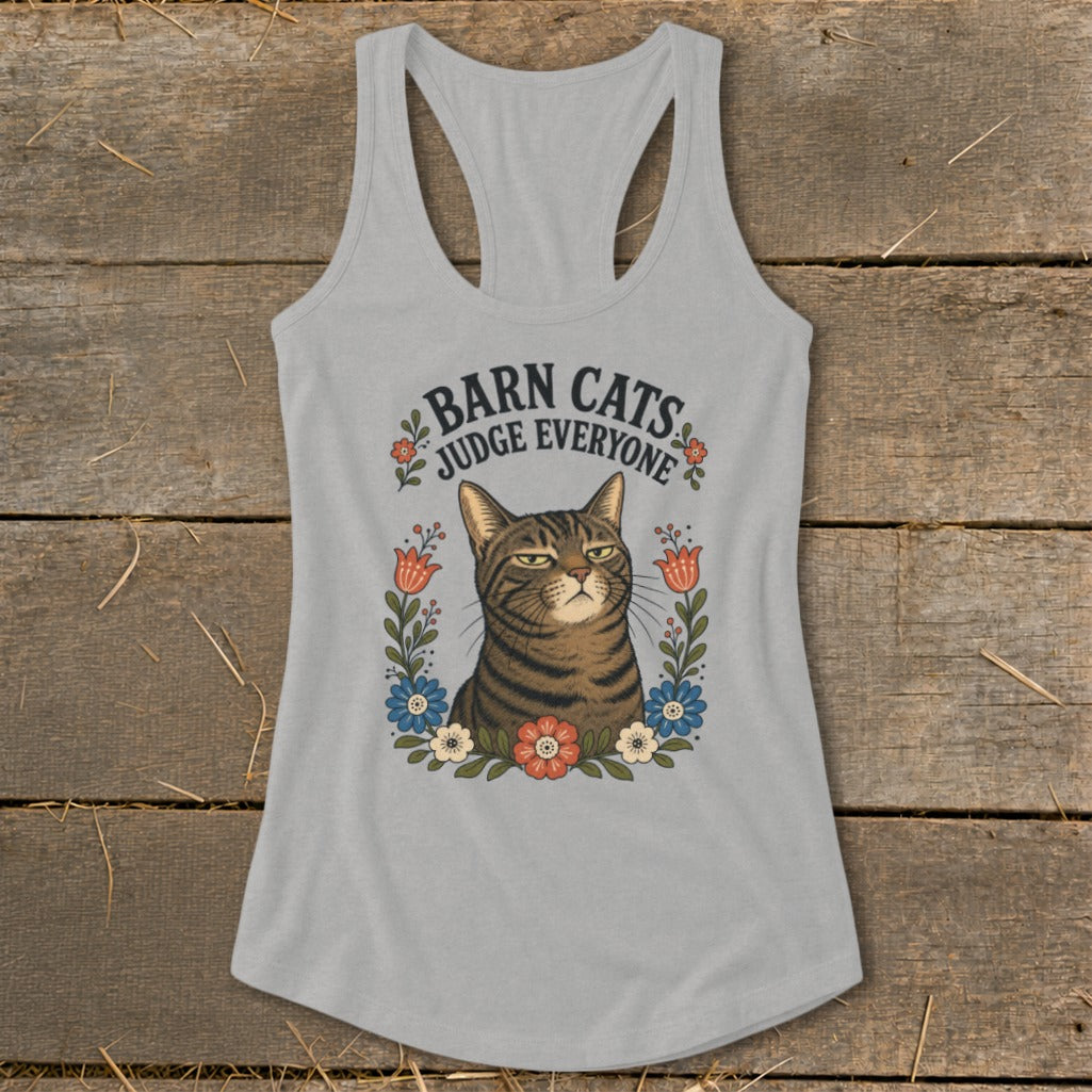 Light gray tank top with a tabby cat graphic and text reading "Barn Cats Judge Everyone."