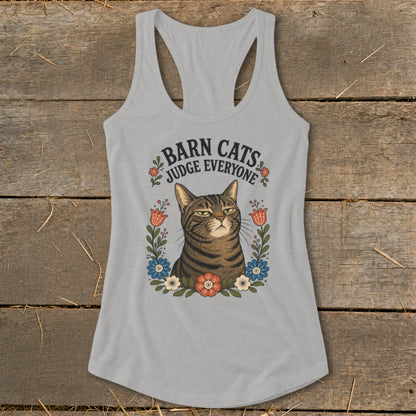 Light gray tank top with a tabby cat graphic and text reading "Barn Cats Judge Everyone."