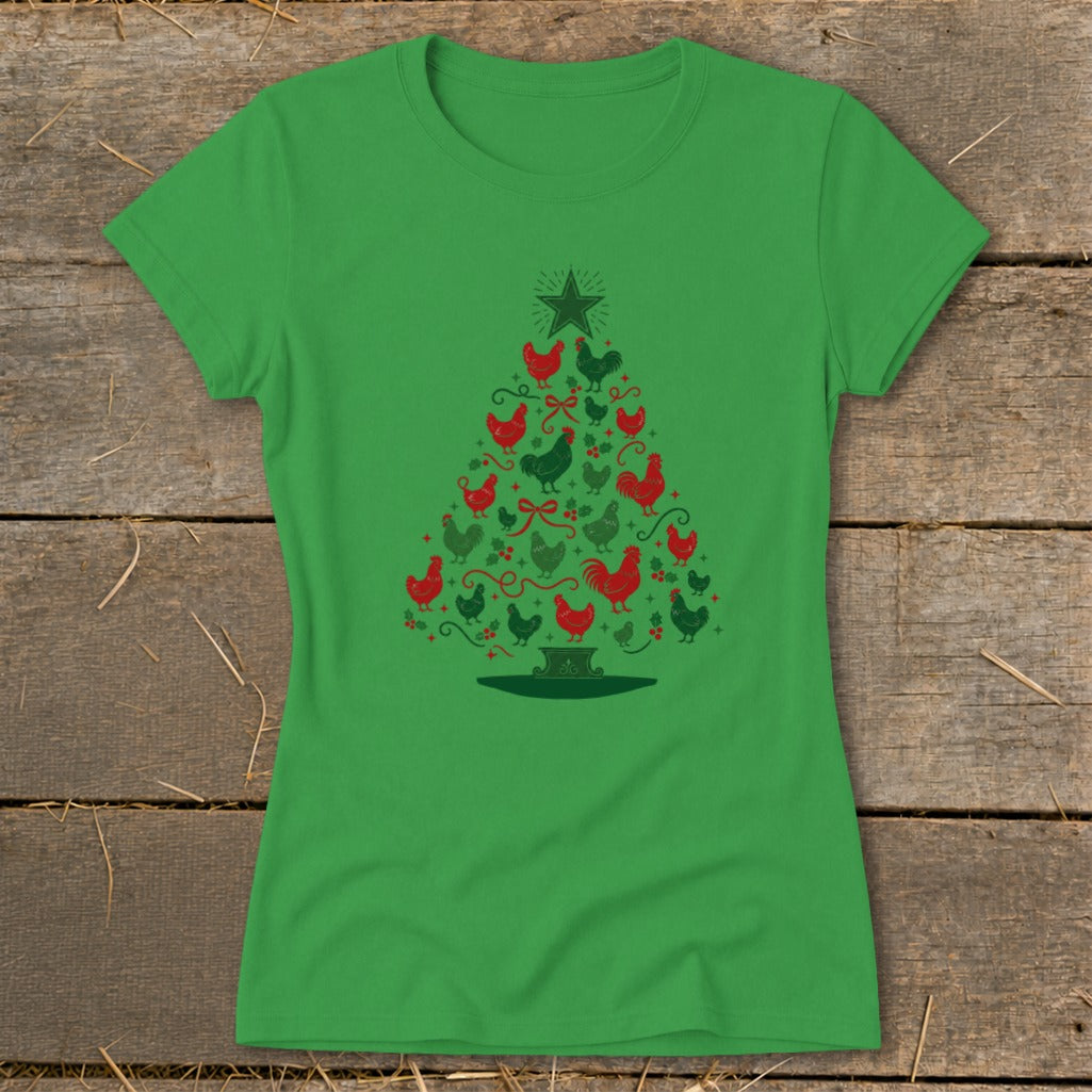 Green t-shirt with Christmas tree design made of chickens and roosters.