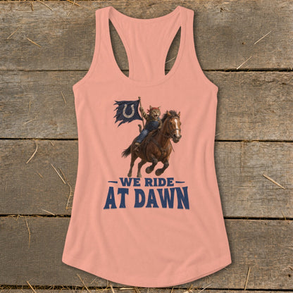 Peach tank top with a cat riding a horse holding a flag that says "WE RIDE AT DAWN".