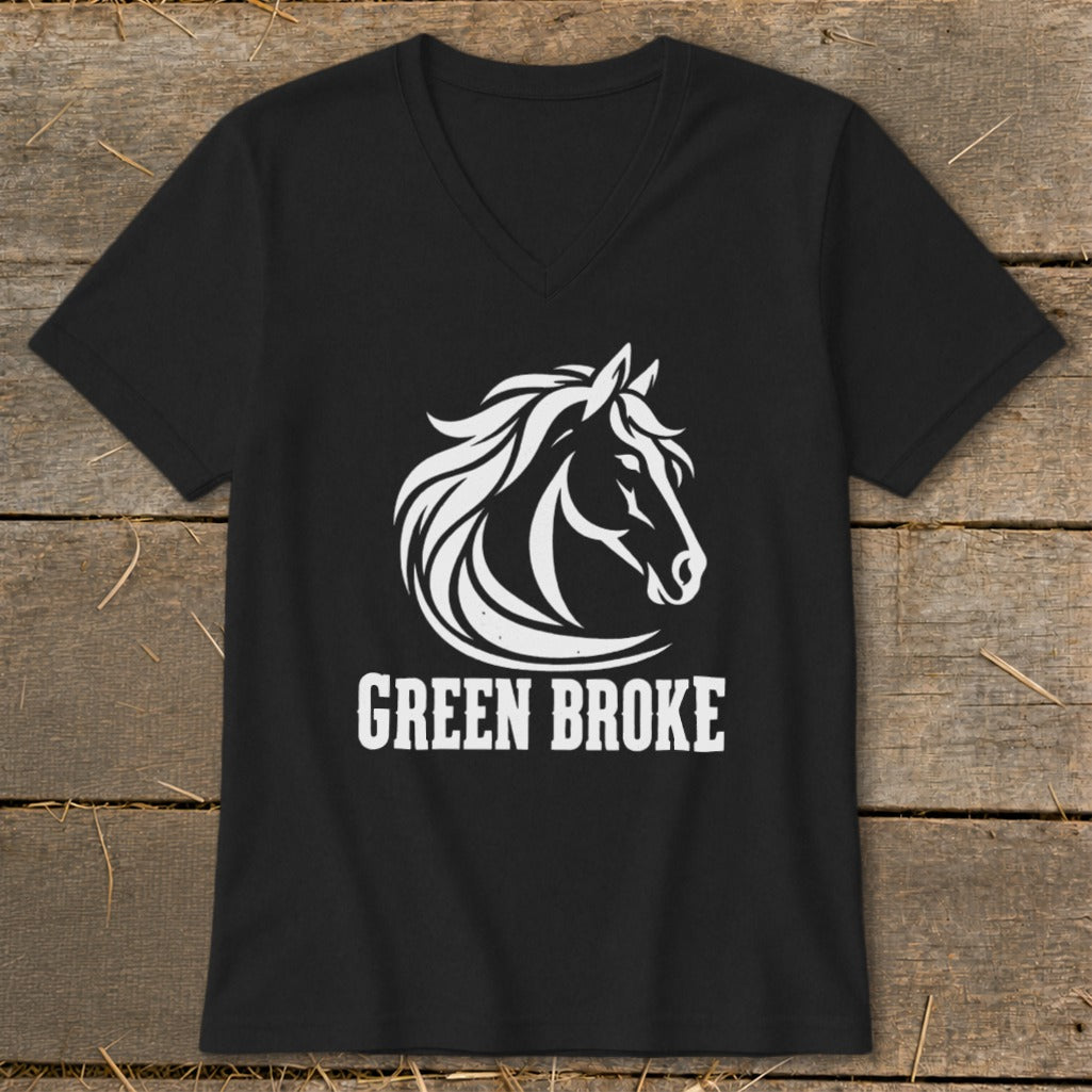 Black V-neck t-shirt featuring a white horse head graphic above the text GREEN BROKE.