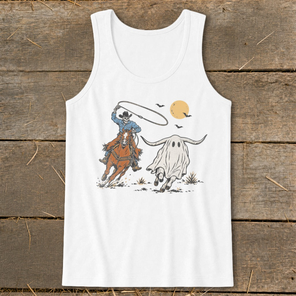 Skeleton cowboy on horse with lasso chasing a ghost steer under a yellow moon.
