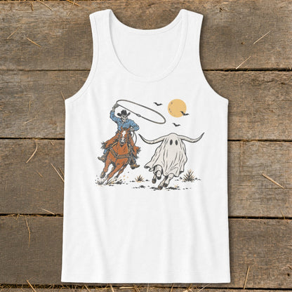 Skeleton cowboy on horse with lasso chasing a ghost steer under a yellow moon.