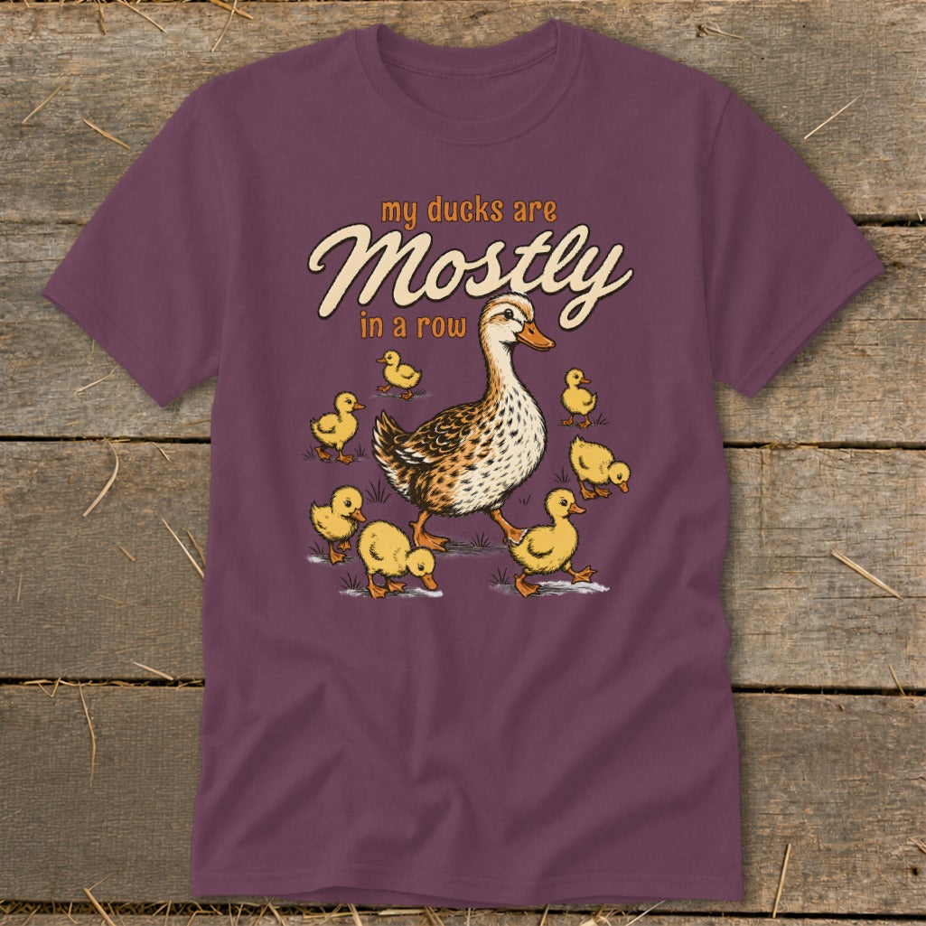 T-shirt with cartoon mother duck and ducklings, says "my ducks are Mostly in a row".