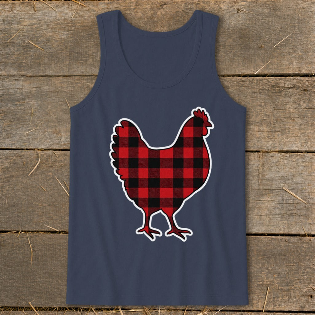Navy tank top with a red and black buffalo plaid chicken graphic.