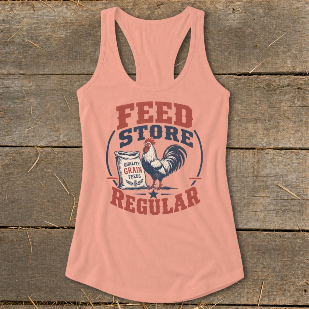Peach tank top with "Feed Store Regular" graphic featuring a rooster and grain bag.