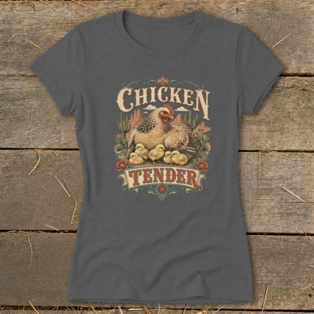 Dark gray t-shirt with "Chicken Tender" graphic featuring a hen and chicks in a desert scene.