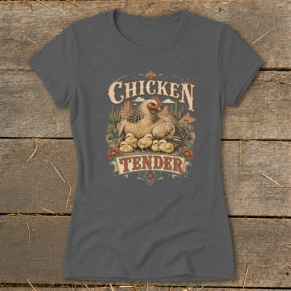 Dark gray t-shirt with "Chicken Tender" graphic featuring a hen and chicks in a desert scene.