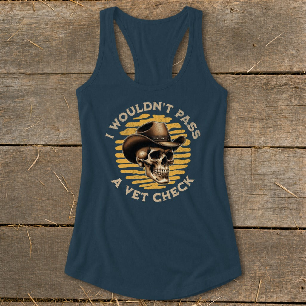 Dark blue racerback tank top with a skull wearing a cowboy hat and text.
