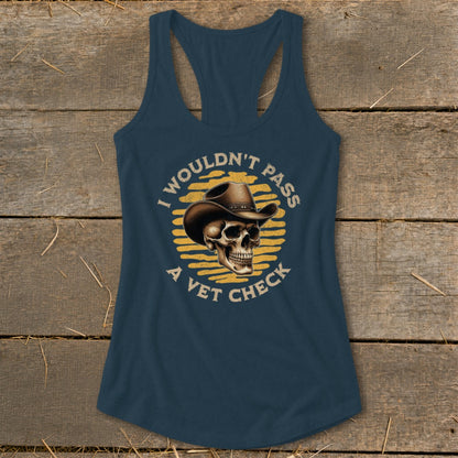 Dark blue racerback tank top with a skull wearing a cowboy hat and text.