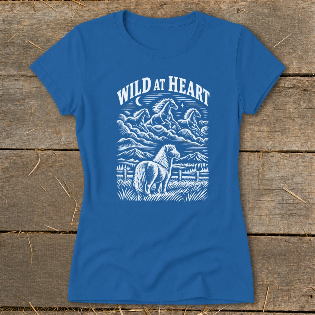 Blue t-shirt with white "Wild at Heart" text and horse graphic.