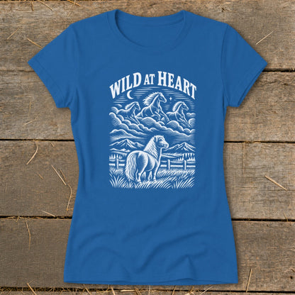 Blue t-shirt with white "Wild at Heart" text and horse graphic.
