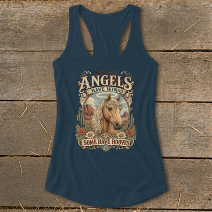 Navy racerback tank with horse graphic and text "Not all angels have wings, some have hooves".
