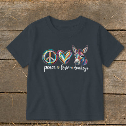 Dark t-shirt with "peace love donkeys" text and colorful peace sign, heart, and donkey.