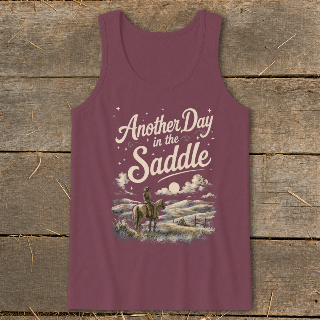 Maroon tank top with graphic "Another Day in the Saddle" and cowboy on horseback.