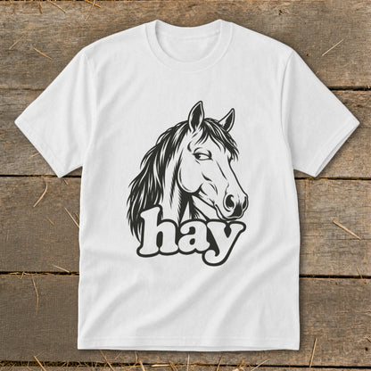 White t-shirt with black horse head graphic and "hay" text