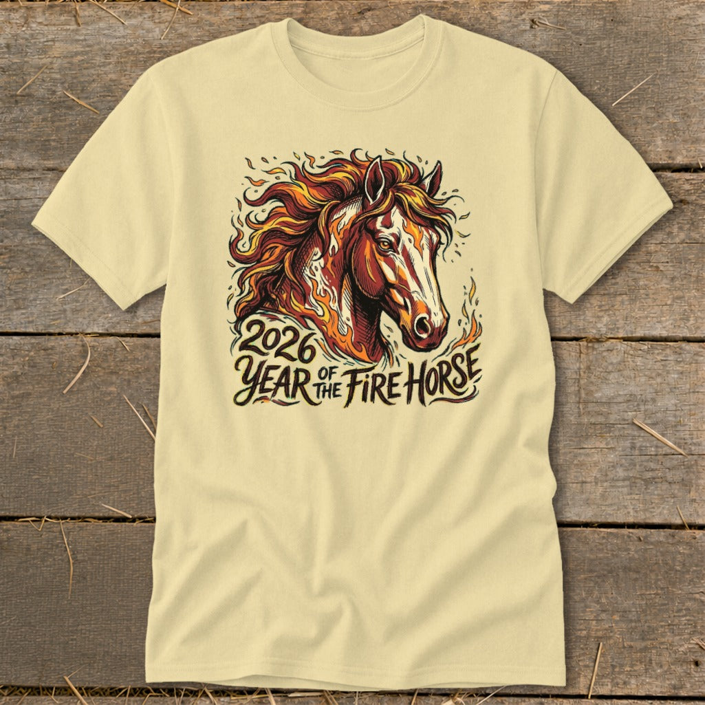 Yellow t-shirt featuring a fiery horse graphic with text "2026 Year of the Fire Horse."