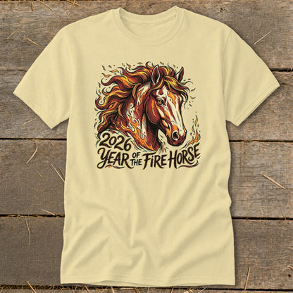Yellow t-shirt featuring a fiery horse graphic with text "2026 Year of the Fire Horse."